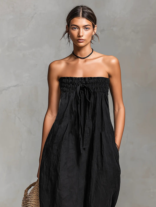 Hannah | Strapless dames linnen jumpsuit met wijde pijpen en strikband