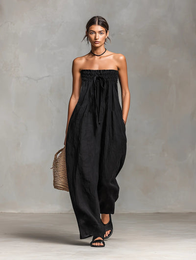 Hannah | Strapless dames linnen jumpsuit met wijde pijpen en strikband