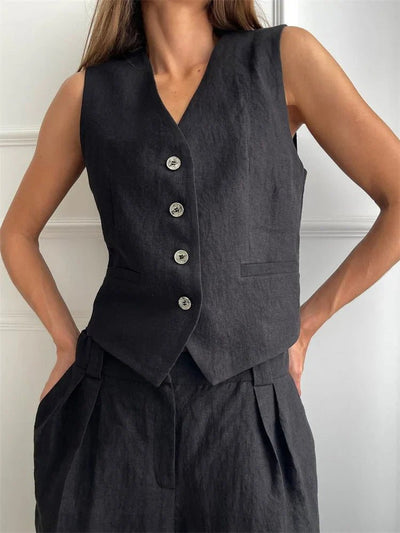Annika | Dames linnen tweedelige set met gilet en wijde plooibroek