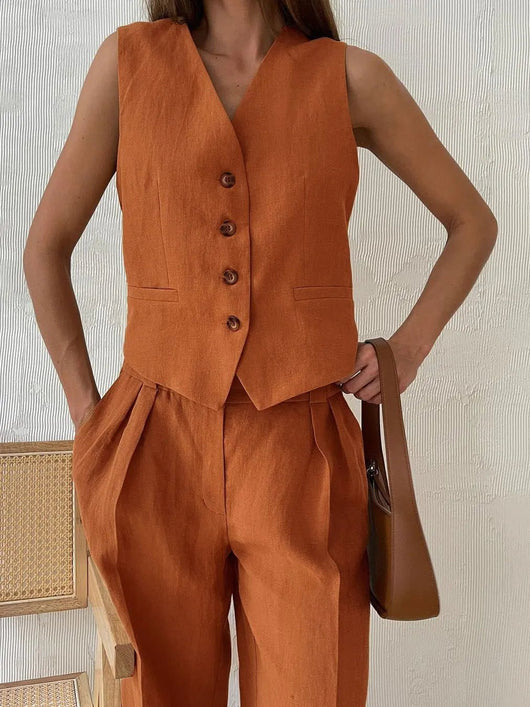 Annika | Dames linnen tweedelige set met gilet en wijde plooibroek
