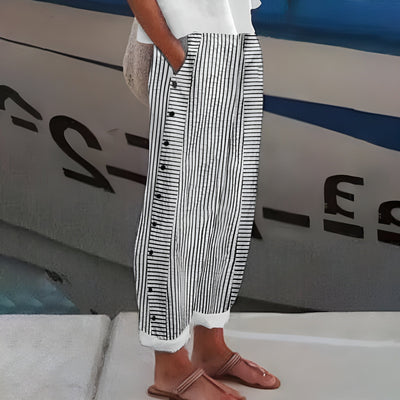 Hannah | Dames gestreepte linnen broek met relaxed fit en steekzakken