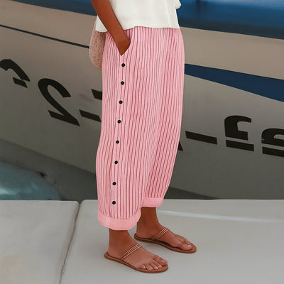 Hannah | Dames gestreepte linnen broek met relaxed fit en steekzakken