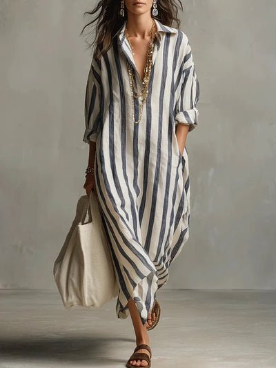 Luisa | Dames oversized gestreepte linnen blousejurk in maxilengte