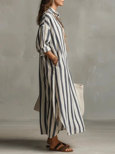 Luisa | Dames oversized gestreepte linnen blousejurk in maxilengte
