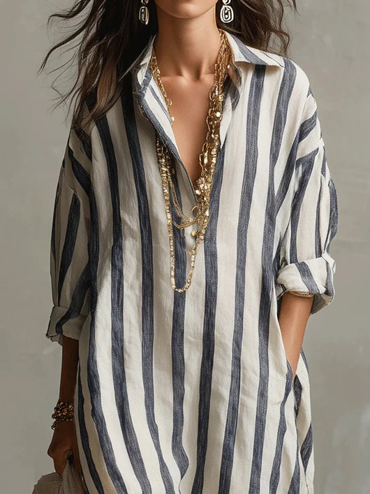 Luisa | Dames oversized gestreepte linnen blousejurk in maxilengte