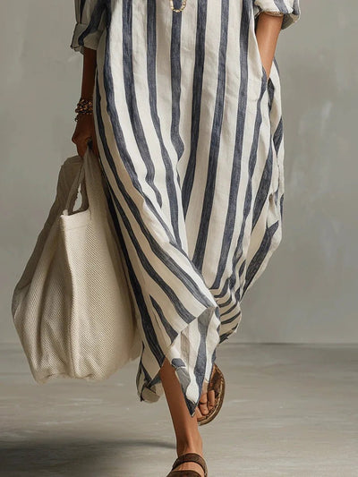 Luisa | Dames oversized gestreepte linnen blousejurk in maxilengte