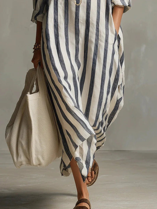 Luisa | Dames oversized gestreepte linnen blousejurk in maxilengte