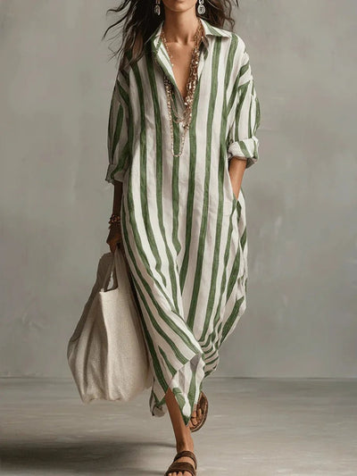 Luisa | Dames oversized gestreepte linnen blousejurk in maxilengte
