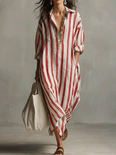 Luisa | Dames oversized gestreepte linnen blousejurk in maxilengte