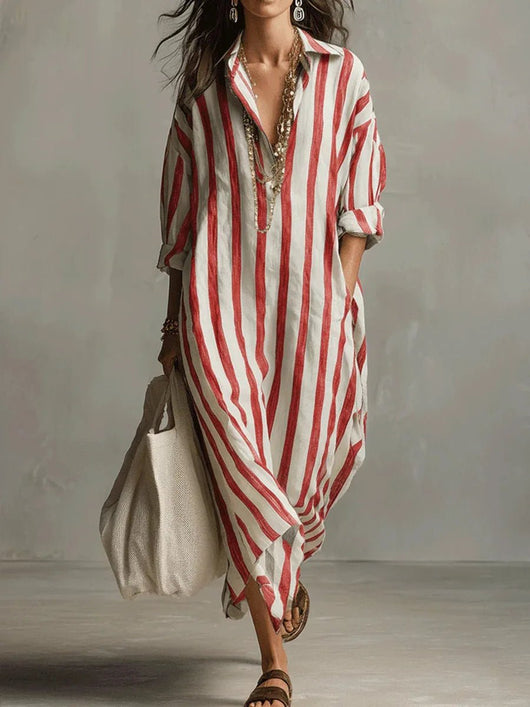 Luisa | Dames oversized gestreepte linnen blousejurk in maxilengte