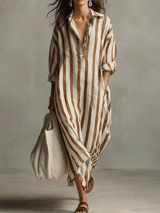 Luisa | Dames oversized gestreepte linnen blousejurk in maxilengte