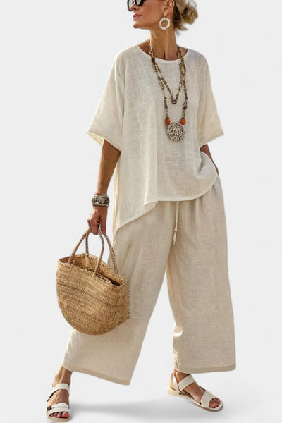 Lena | Dames linnen tweedelige set met asymmetrische top en wijde broek