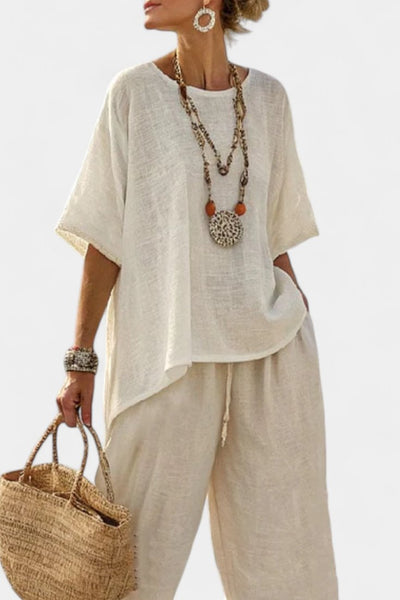 Lena | Dames linnen tweedelige set met asymmetrische top en wijde broek