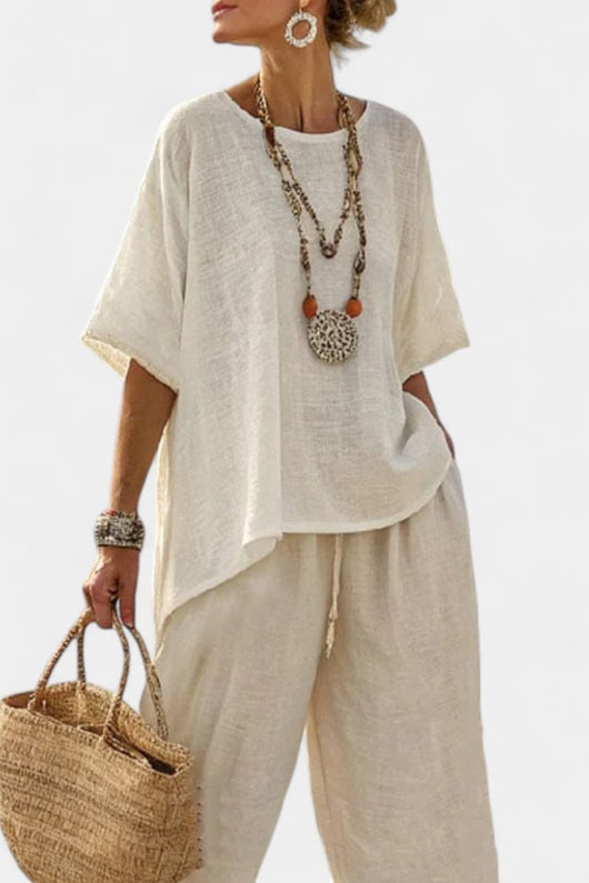 Lena | Dames linnen tweedelige set met asymmetrische top en wijde broek