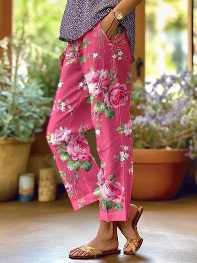 Annika | Losse dames vrijetijdsbroek met bloemenprint, middelhoge taille en zakken