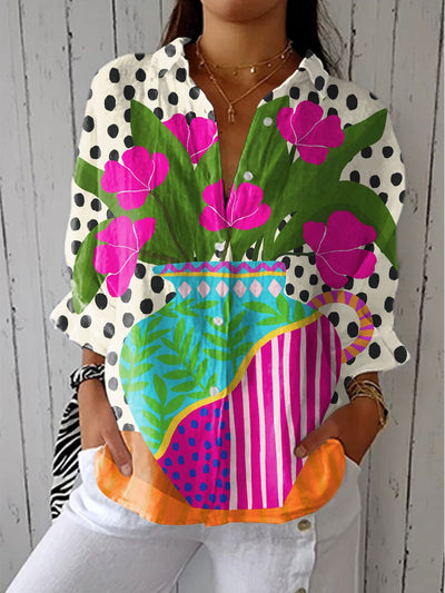 Johanna | Losse dames blouse met bloemenvaas-print en knoopsluiting