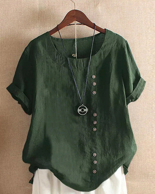 Sophie | Losvallende linnen damesblouse met korte mouwen en asymmetrische knoopsluiting