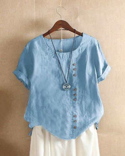 Sophie | Losvallende linnen damesblouse met korte mouwen en asymmetrische knoopsluiting