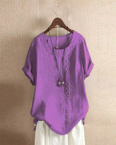 Sophie | Losvallende linnen damesblouse met korte mouwen en asymmetrische knoopsluiting