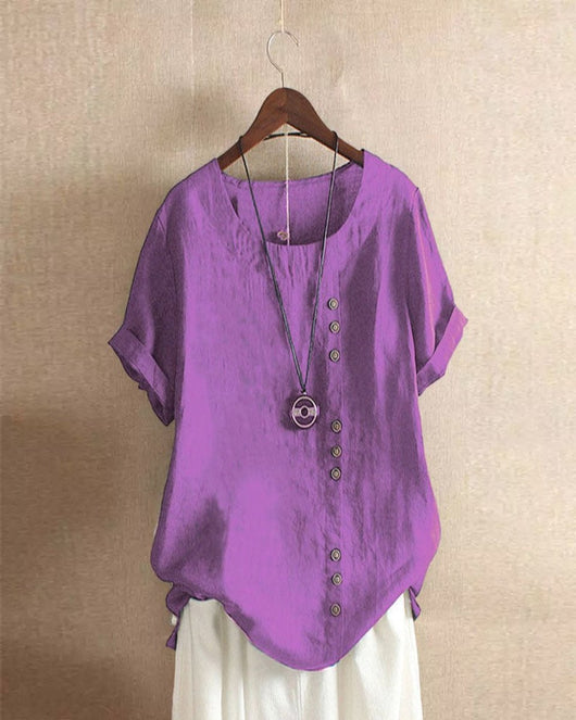 Sophie | Losvallende linnen damesblouse met korte mouwen en asymmetrische knoopsluiting