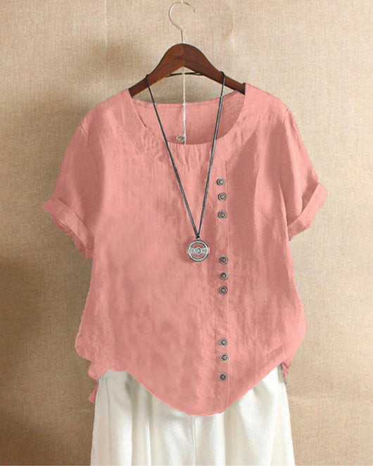 Sophie | Losvallende linnen damesblouse met korte mouwen en asymmetrische knoopsluiting