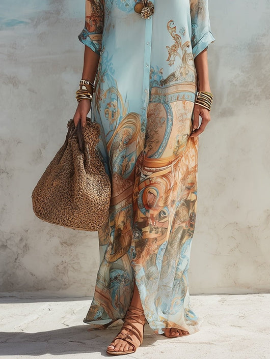 Elisabeth | Dames maxi blousejurk met paisleyprint en driekwartmouwen