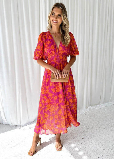 Luisa | Dames midi-jurk met pofmouwen, V-hals en bloemenprint