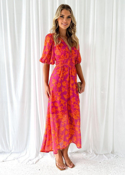 Luisa | Dames midi-jurk met pofmouwen, V-hals en bloemenprint