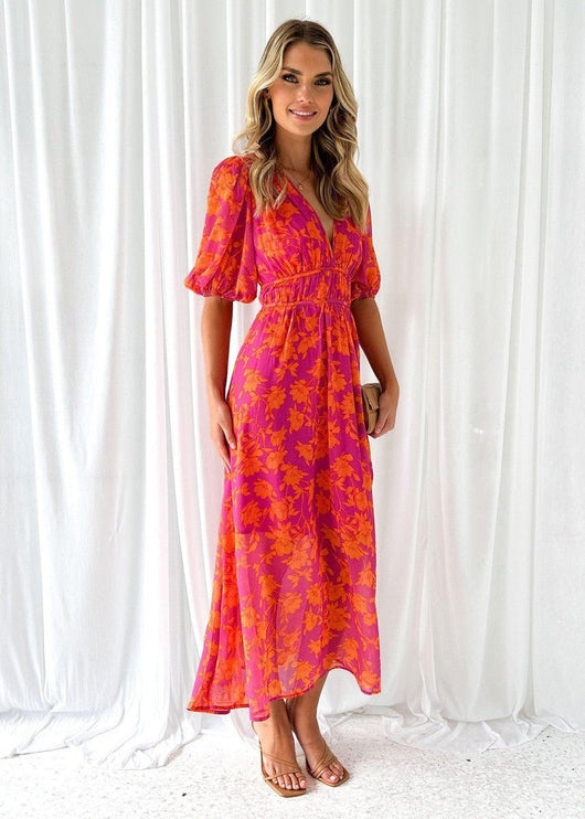 Luisa | Dames midi-jurk met pofmouwen, V-hals en bloemenprint