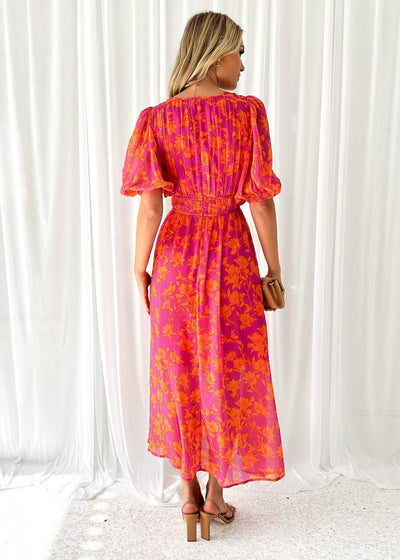Luisa | Dames midi-jurk met pofmouwen, V-hals en bloemenprint