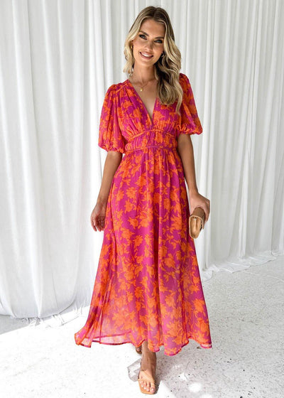 Luisa | Dames midi-jurk met pofmouwen, V-hals en bloemenprint