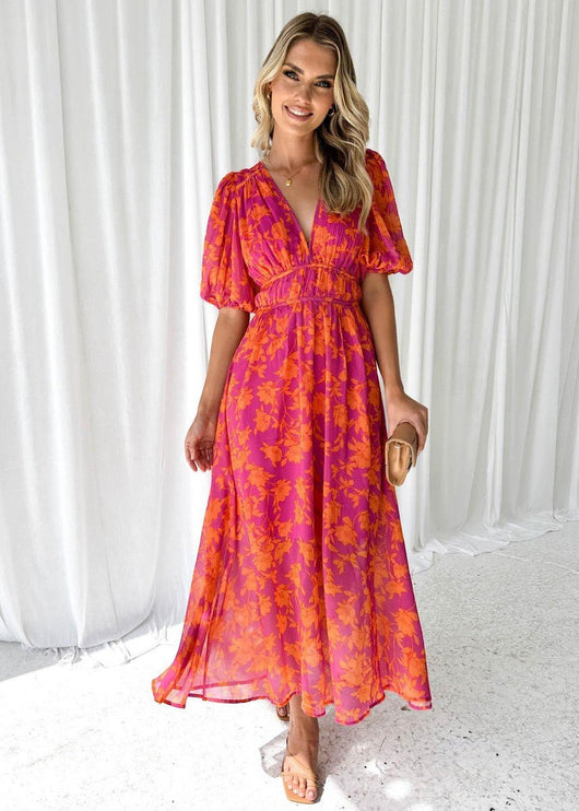 Luisa | Dames midi-jurk met pofmouwen, V-hals en bloemenprint