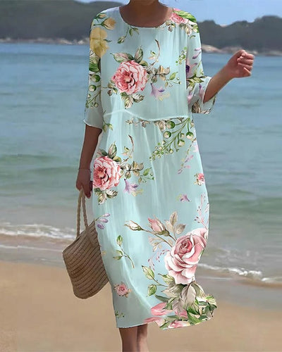 Annika | Dames zomermidijurk met bloemenprint, driekwartmouwen en ronde hals
