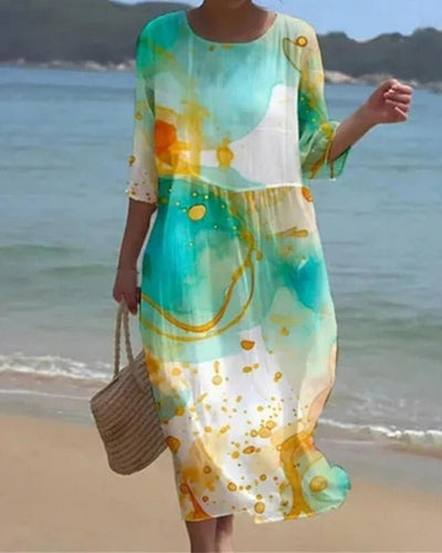 Annika | Dames zomermidijurk met bloemenprint, driekwartmouwen en ronde hals