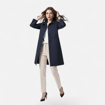 Clara | Dames midi trenchcoat van wolmix met dubbele knoopsluiting