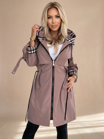 Luisa | Moderne dames trenchcoat met capuchon, ruitdessin, ceintuur en rits