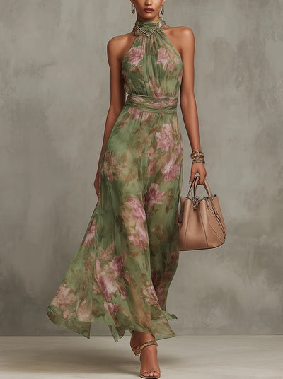 Marie | Dames chiffon maxijurk met halternek en bloemenmotief