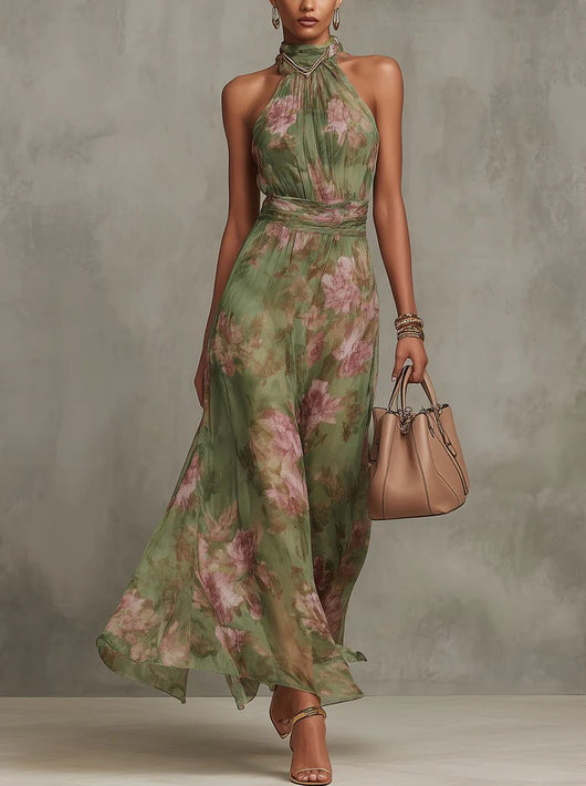 Marie | Dames chiffon maxijurk met halternek en bloemenmotief