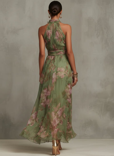 Marie | Dames chiffon maxijurk met halternek en bloemenmotief