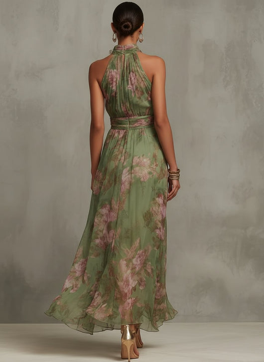 Marie | Dames chiffon maxijurk met halternek en bloemenmotief