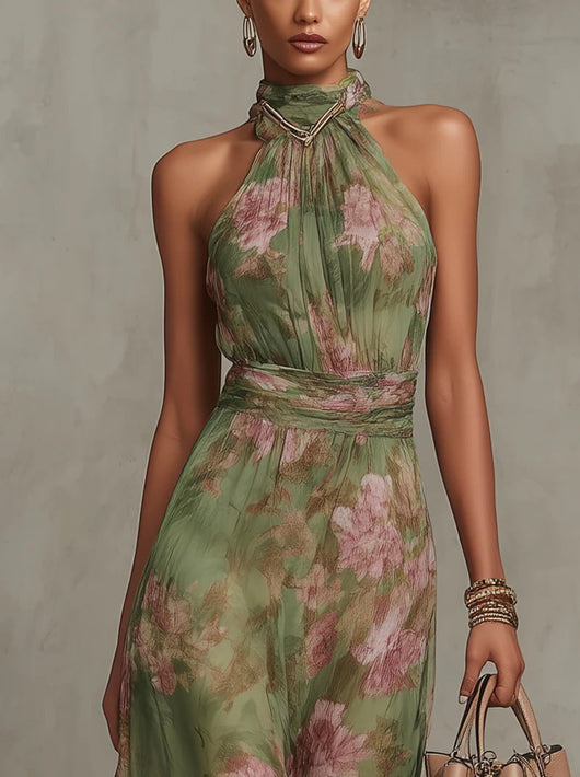 Marie | Dames chiffon maxijurk met halternek en bloemenmotief