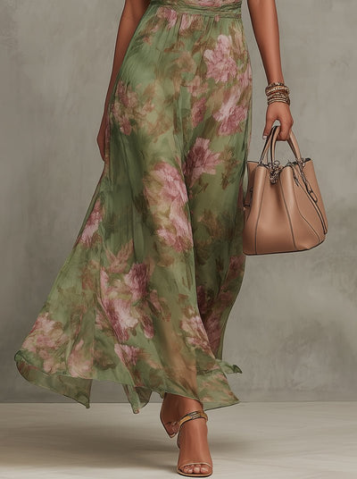 Marie | Dames chiffon maxijurk met halternek en bloemenmotief