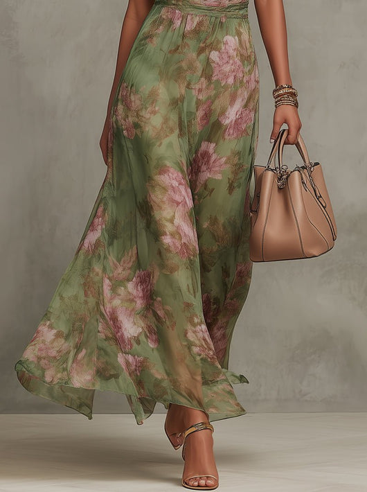Marie | Dames chiffon maxijurk met halternek en bloemenmotief
