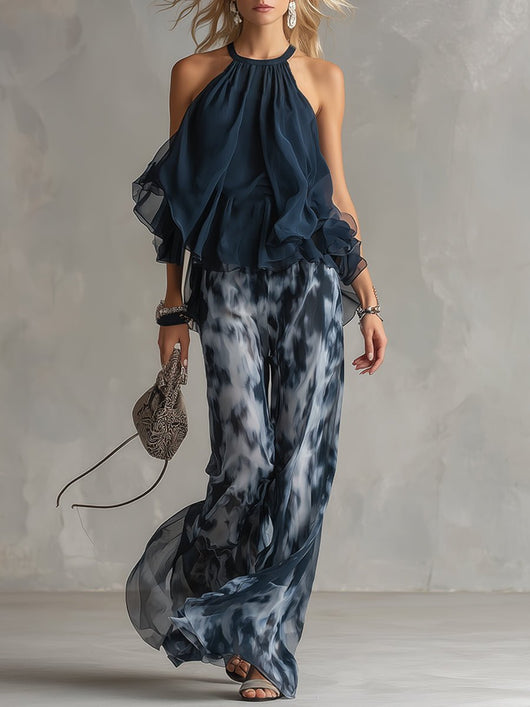 Annika | Dames tweedelige set met halternek en wijde broek