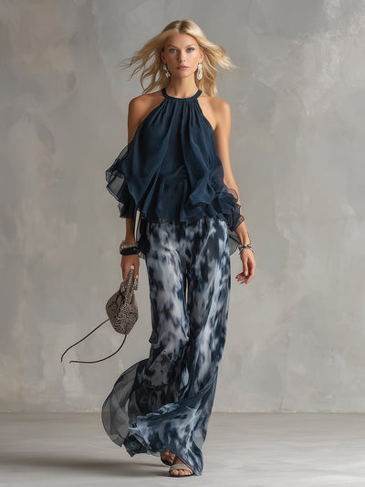 Annika | Dames tweedelige set met halternek en wijde broek