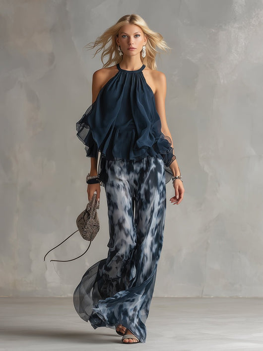 Annika | Dames tweedelige set met halternek en wijde broek