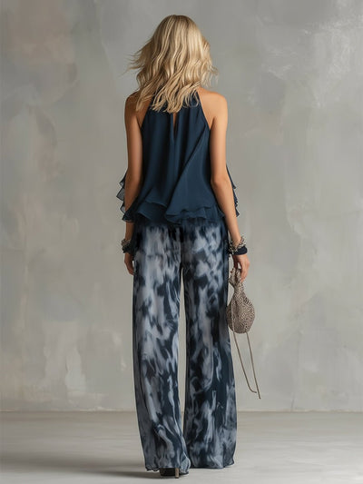 Annika | Dames tweedelige set met halternek en wijde broek