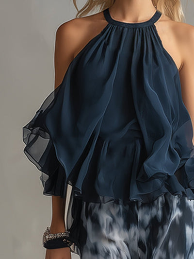 Annika | Dames tweedelige set met halternek en wijde broek