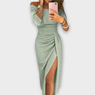 Nora | Figuuraccentuerende dames off-shoulder midijurk met split