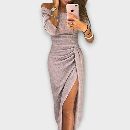 Nora | Figuuraccentuerende dames off-shoulder midijurk met split